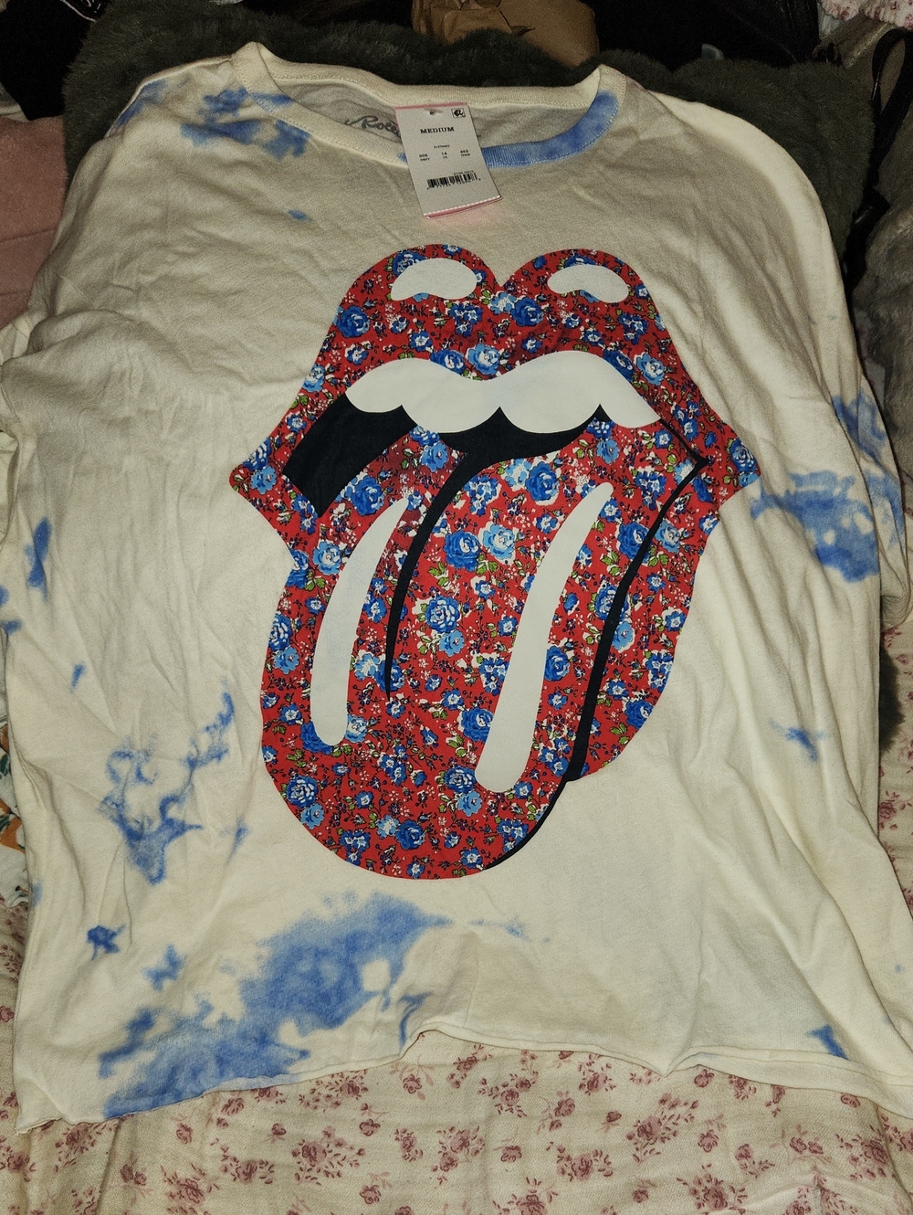 the Rolling Stones White Tee with Blue Tie-Dye and Red Floral Tongue Graphic